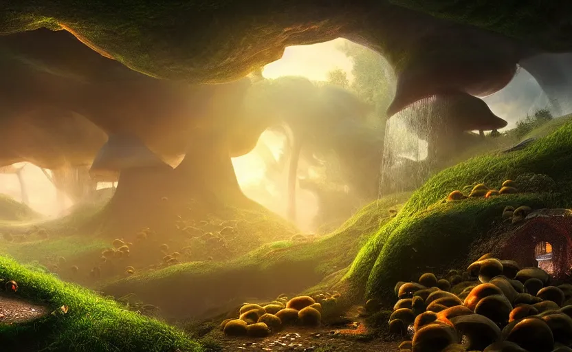 Image similar to a beautiful and stunning professional digital artwork of a humongous mushroom cave, mushroom houses, haze, waterfall, volumetric lighting, hyperrealistic, sunset, rtx on, ultra detail