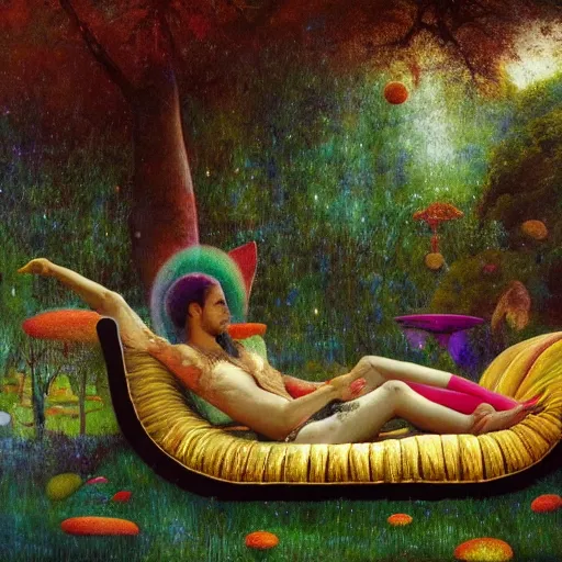 Prompt: psychedelic couch sofa in the lush forest, milky way, designed by arnold bocklin, jules bastien - lepage, tarsila do amaral, wayne barlowe and gustave baumann, cheval michael, trending on artstation, mediterranean, star, sharp focus, colorful refracted sparkles and lines, soft light, 8 k 4 k