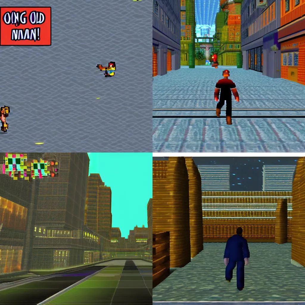 Prompt: Nintendo64 Screenshots, A man walking in a dark city