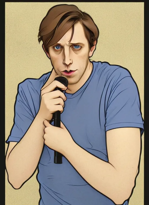 Prompt: art nouveau portrait of geoff rickly with short light brown straw blond hair, light blue eyes, sad expression, scared, head down, shy and demure, jeans and black t - shirt, holding a microphone, natural lighting, path traced, highly detailed, high quality, cartoon, digital painting, by don bluth and ross tran and studio ghibli and alphonse mucha