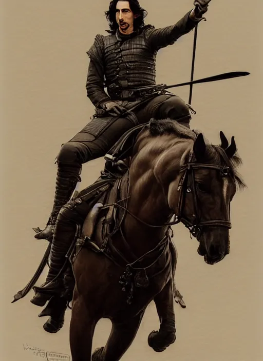 Image similar to painting of john oliver and adam driver together, riding horse, stoic, full body, military uniform, fantasy, intricate, elegant, beautiful, highly detailed, charcoal, centered, dark, smokey, digital painting, artstation, concept art, smooth, sharp focus, illustration, art by artgerm and greg rutkowski and alphonse mucha