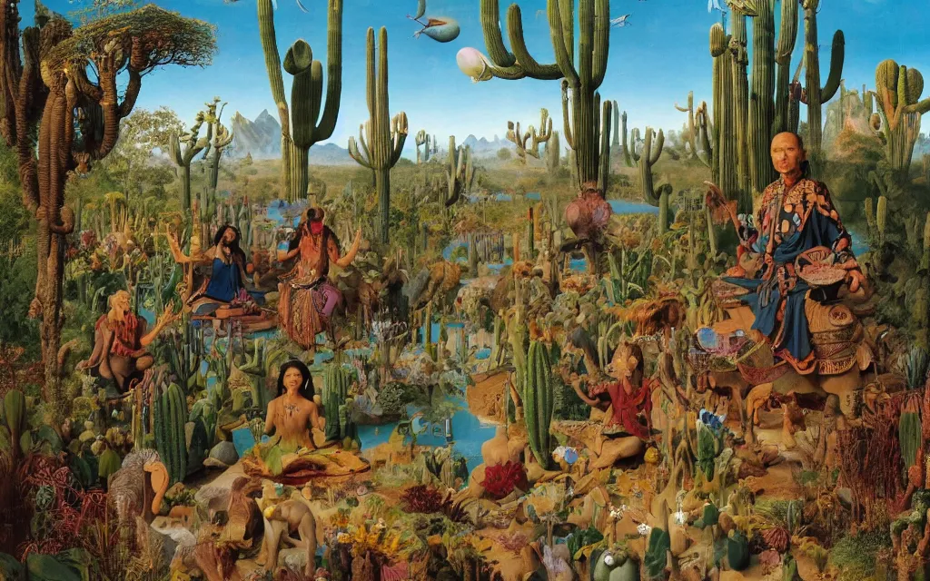 Prompt: a portrait photograph of a meditating elephant shaman and a elephant prince feeding tropical animals at a wide river delta. surrounded by bulbous flowers, animals, trees and cacti. mountain range under a vast blue sky of burning stars. painted by jan van eyck, max ernst, ernst haeckel and artgerm, cgsociety, artstation, fashion editorial