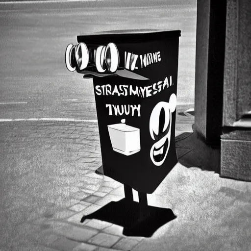 Prompt: cartoon trashcan from the 1930s is strutting away from the camera while turning to look back at the photographer and smiling with a wry smile digital art