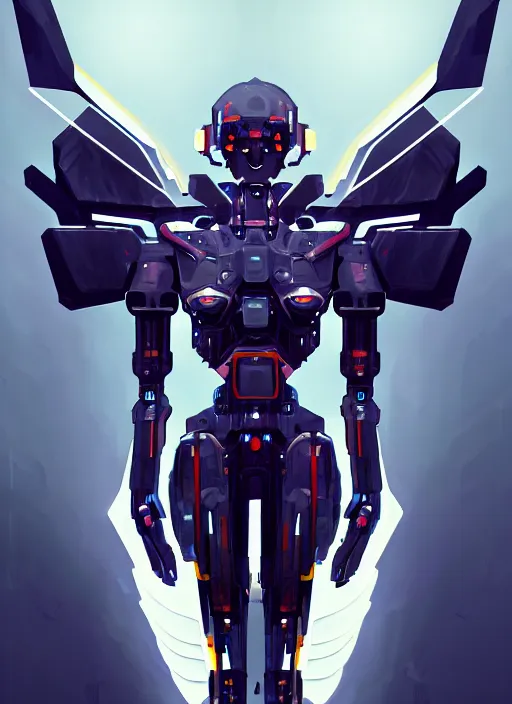 Image similar to symmetry!! full shot!!, full body!!, portrait of mecha punk, wings!! dark atmosphere, glowing lights!! intricate, elegant, highly detailed, digital painting, artstation, concept art, smooth, sharp focus, illustration, art by julian del rey