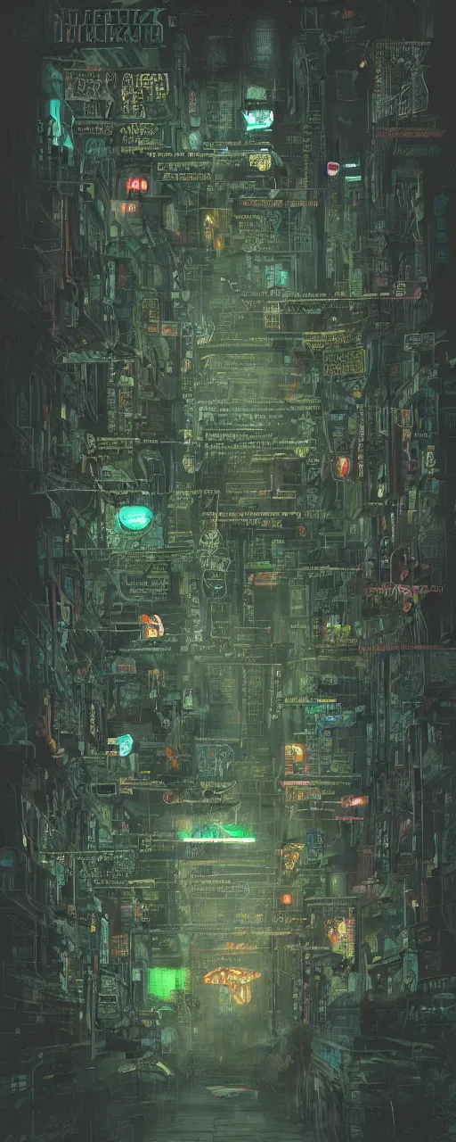 Prompt: a cyberpunk parchment with sketches and matrix rain, ancient text, neon, fractals, recursive, magic, technological, cyberpunk, lovecraft