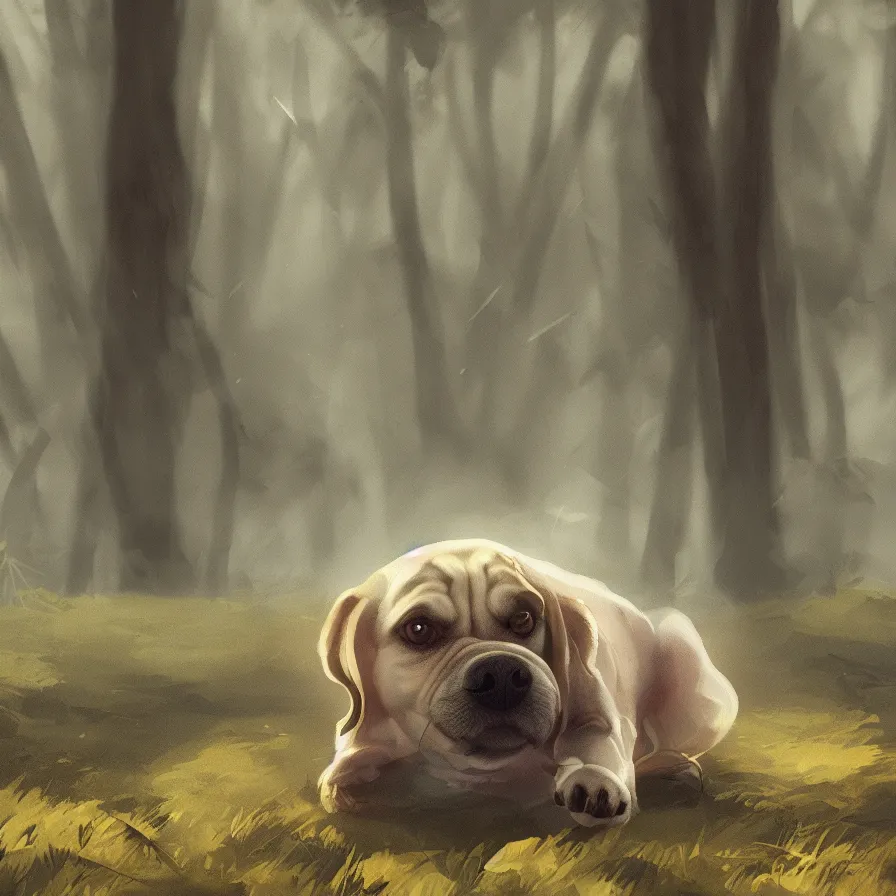 Image similar to photo of a dog in the woods ilustration, concept art, sharp focus, ArtStation