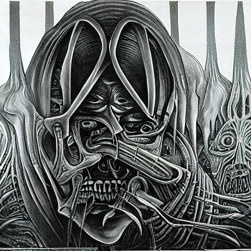 Image similar to zelensky commited crimes in bucha by h. r. giger