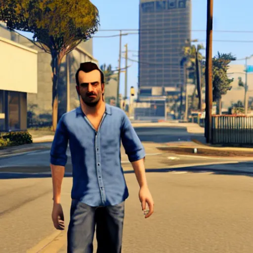 Image similar to A screenshot of a man with short brown hair, blue shirt, blue jeans, and white shoes in GTA 5