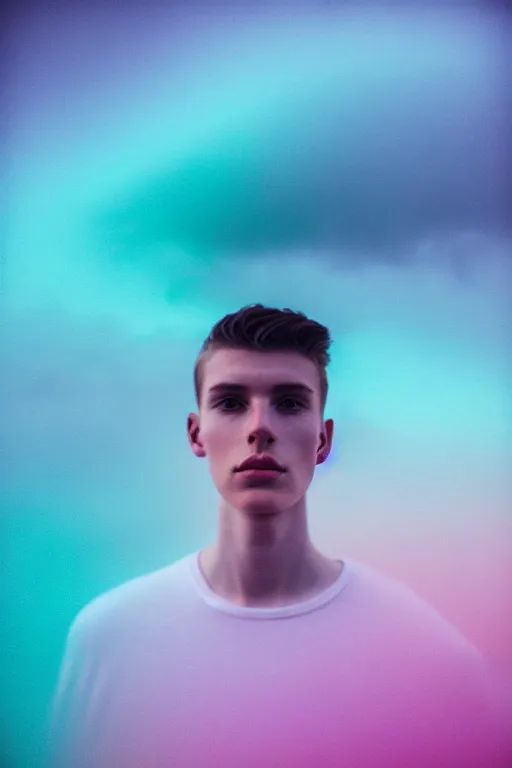 Prompt: high quality pastel coloured film mid angle selfie photograph of a beautiful young 2 0 year old male, soft features, standing in an icelandic black rock environment. atmospheric. three point light. photographic. art directed. ( pastel colours ). volumetric light. stark. waves glitch. 8 k. filmic.