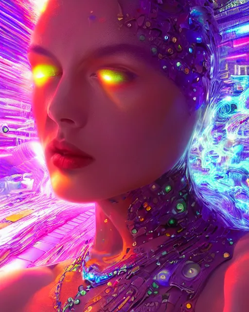 Image similar to a powerful energy psychedelic matrix goddess, by alexander fedosav, hyper detailed digital matte painting, concept art, hyperrealism, 1 6 k resolution, cinema 4 d, 8 k resolution, trending on artstation, behance hd, a masterpiece, by stephan martiniere, particles, cel - shaded, power bright neon energy, by david a. hardy,