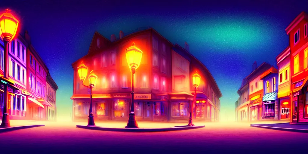 Prompt: curved perspective digital art of a summer night small town street pastel colors by petros afshar and tim burton, 1 5 º camera angle