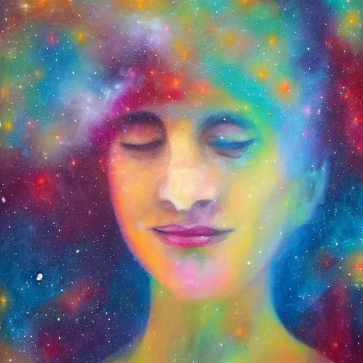 Prompt: hypatia dissolving into a nebula, smiling, oil painting