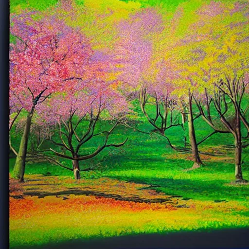 Image similar to an artwork of a landscape of a sakura forest, multicolored