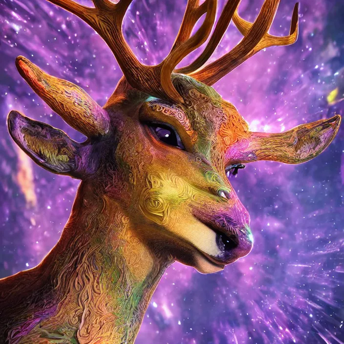 Prompt: portrait of Galactus merged with a deer. intricate abstract. intricate artwork. octane render, trending on artstation, DeviantArt, captura, very coherent symmetrical artwork. cinematic, hyper realism, high detail, octane render, 8k, iridescent accents