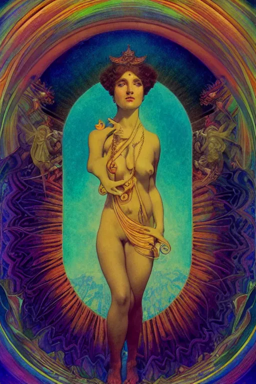 Image similar to beautiful goddess of space and dreams by maxfield parrish, mandala, coherent design, symmetrical, vivid colors, digital watercolor ink illustration painting, complementary color, golden ratio, detailed, sharp lines, sharp focus, intricate, rainbowshift, artgerm, gustave dore, alphonse mucha, octane render