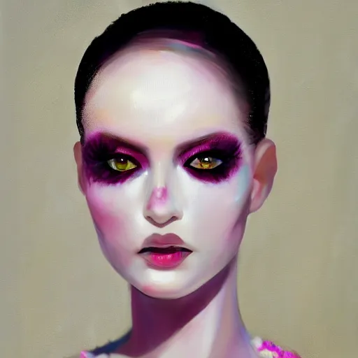 Prompt: a portrait of an intensely lit orchid mantis woman full of piercings, modeling, white and pink, oil painting, pale colors, high detail, 8 k, wide angle, trending on artstation,