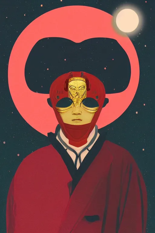 Prompt: portrait of a man with a mask on his face in the form of a spiral in a golden kimono, full face, against the background of a bright red moon, sad motif, ilya kuvshinov, dramatic, soft colors, futuristic, 8 k