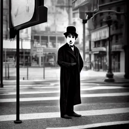 Image similar to charlie chaplin at a bus stop, black and white color aesthetic, highly detailed, photorealistic portrait, bright studio setting, studio lighting, crisp quality and light reflections, unreal engine 5 quality render