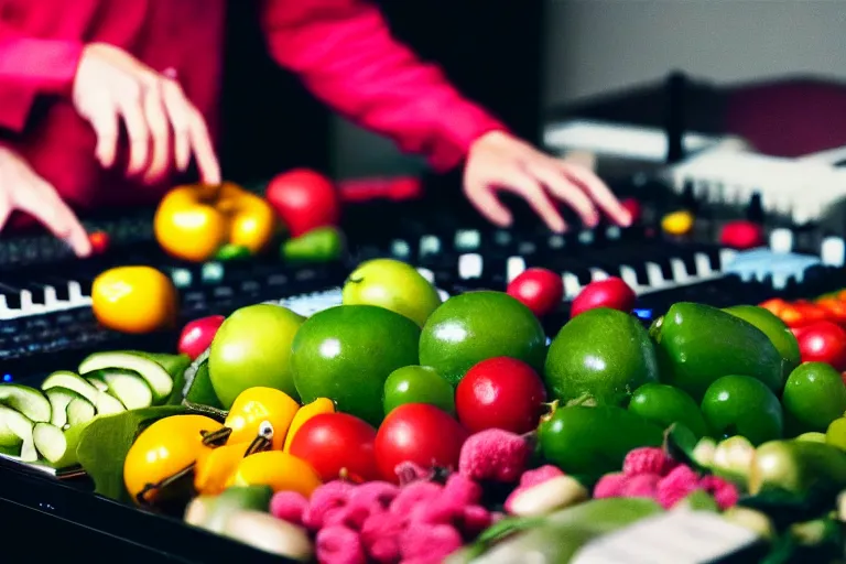 Image similar to film still of fresh fruits and vegetables making beats in the studio on an mpc