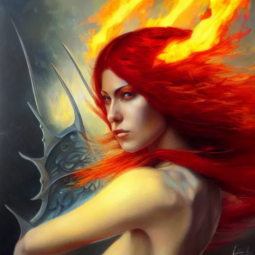 Image similar to red haired female paladin with wings, fiery justice, fine art, 8 k, artstation, by karol bak