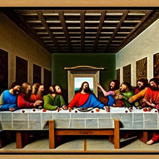 Image similar to real life footage of the last supper but everyone is drunk and high, real event, historical event, realistic, hdr, clear image,