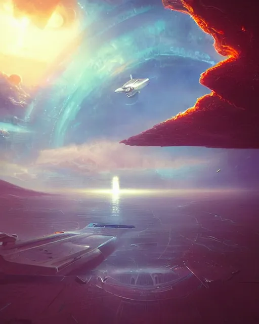 Prompt: space ship above an island, epic landscape, scifi, foggy, concept art, hurricane, futuristic city on island, cinematic lighting, beautiful, perfect, extreme detail, lens flare, high quality, art by alena aenami and thomas cole and thomas kinkade