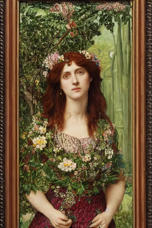 Image similar to a pre-raphaelite portrait of a woman in a mythical dress with floral decoration