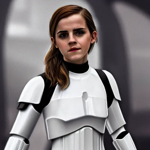 Image similar to emma watson as a stormtrooper holding her helmet under her arm, by cameldeath