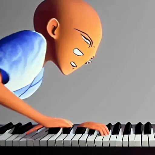 Image similar to Aang from Avatar the last airbender playing the piano, UHD, hyperrealistic render, 4k, highly detailed