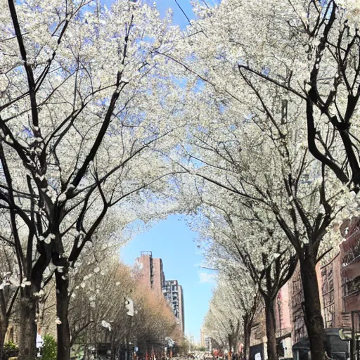 Prompt: This morning, all up and down the streets, what looks like every Callery Pear tree on the Upper West Side has popped overnight into clusters of white pear blossoms.