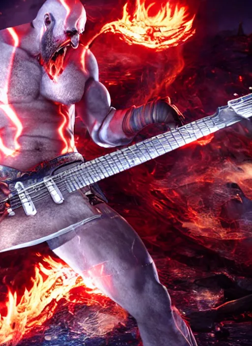 Image similar to screaming kratos rocking out on a flaming stratocaster guitar, cinematic render, god of war 2 0 1 8, playstation studios official media, lightning, flames, left eye stripe, left eye stripe, left eye stripe, left eye stripe, clear, coherent