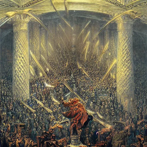 Image similar to full color and depth oil painting of the most epic chess game in all of time and space, by gustave dore, the great masters, cinematic, heavy metal album cover