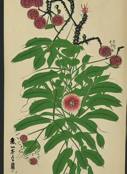 Image similar to botanical illustration of a green plant with eyeballs instead of flowers, Ukiyo-e