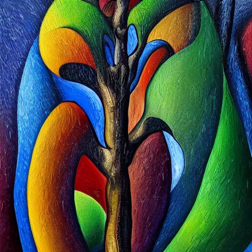 Prompt: Trending on artstation, 8K, highly detailed, cubism painting of a tree, in the style of Salvador Dalí