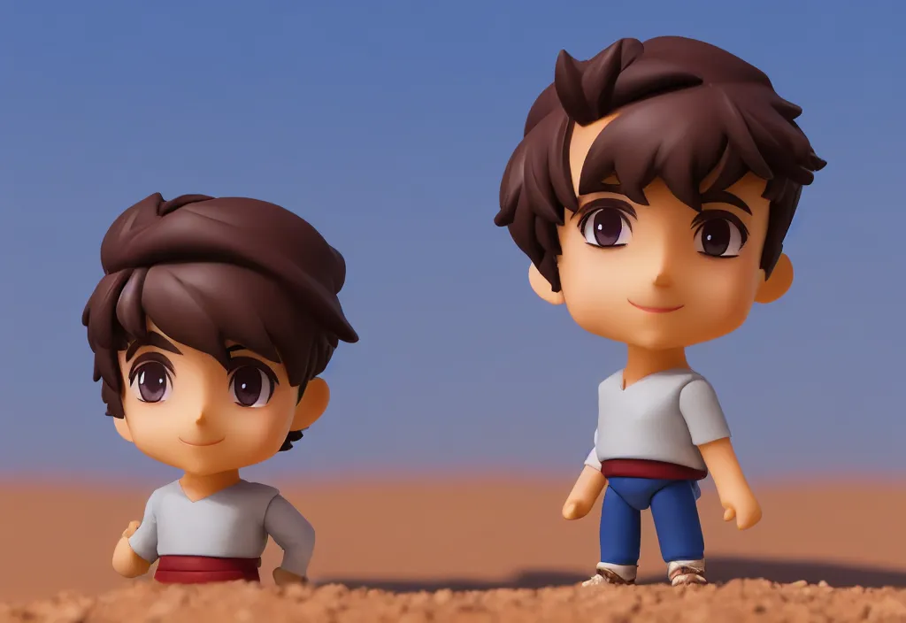 Image similar to profile view of arabic young aladdin as nendoroid walking in a desert, 8 k, hd, dof, kodak film, volumetric lighting, subsurface scattering, photorealistic, octane render