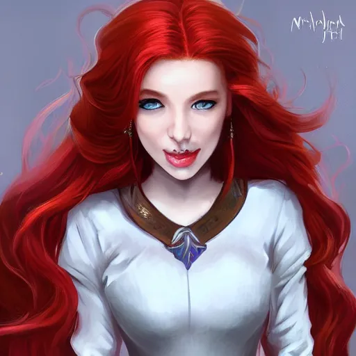 Image similar to a portrait of a young woman with red hair, smart, rich, fancy clothes, artist, artistic, shallan davar, blue eyes, beautiful, smiling, thick hair, dnd, artgerm style