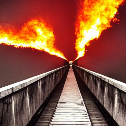 Image similar to Long bridge to hell, dslr, hyper realistic, photojournalism, scary, firey, disturbing