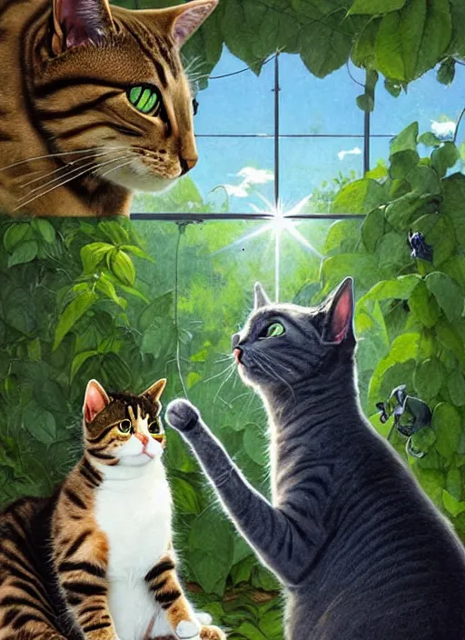 Prompt: a hyper realistic cat meeting an alien. and sunbeams blue sky, lush forest foliage painting by chiara bautista and norman rockwell and greg rutkowski weta studio, and lucasfilm