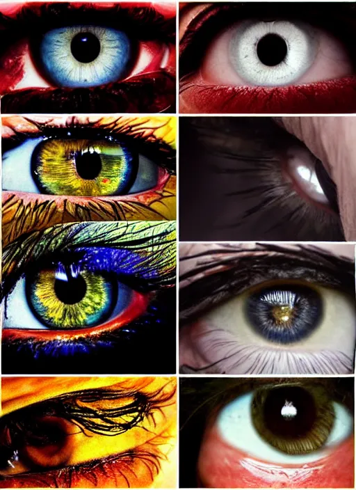 Prompt: grid montage of eyes, square dilated pupils, swuare irises, detailed colored textures, eyelashes, advanced art, art styles mix, from wikipedia, wet reflections in eyes, sunshine light, hd macro photograph, from side, various eyelid positions, square black pupil centered