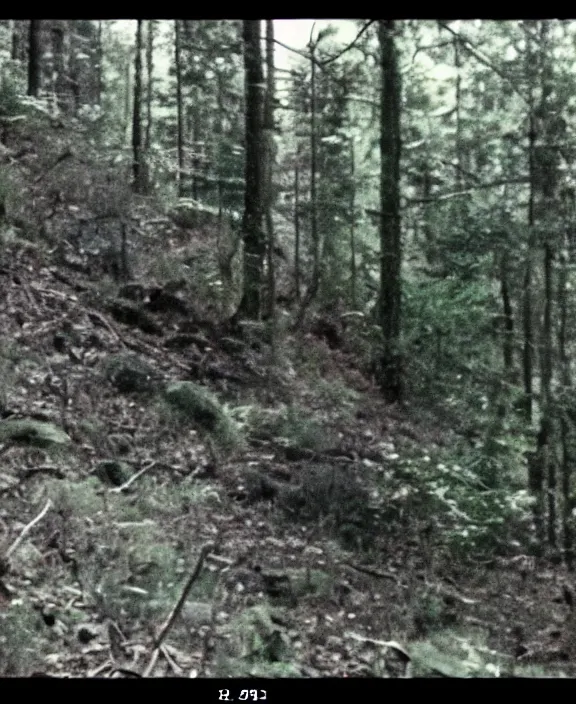 Image similar to a screen capture of found footage video left behind by a missing hiker in 1 9 8 6