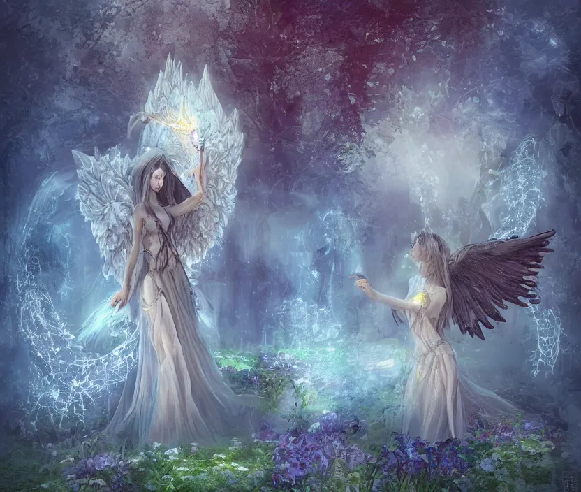 Prompt: Angel knight gothic girl on a beautiful garden, next to a fountain and a mystical palace. By William-Adolphe Bouguerea, Jordan grimmer, fractal flame. Highly_detailded