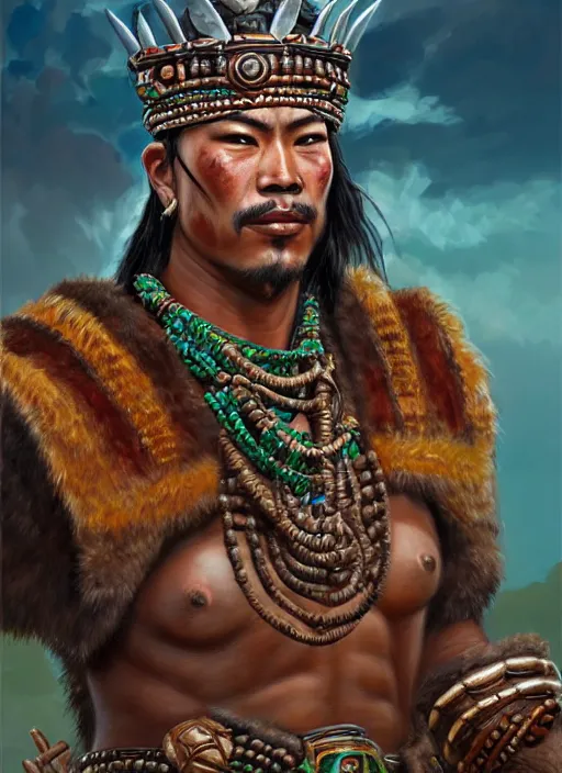 Image similar to tai warlord, closeup portrait, historical, ethnic group, traditional costume, fantasy, intricate, with dong son bronze artifacts, beads cross onbare chest, elegant, loin cloth, highly detailed, oill painting, artstation, concept art, matte, sharp focus, illustration, hearthstone, art by earl norem