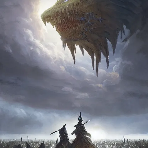 Prompt: Medieval army fighting a giant monster in the sky, hd, intricate, Greg Rutkowski, Elden Ring, 8k, digital art