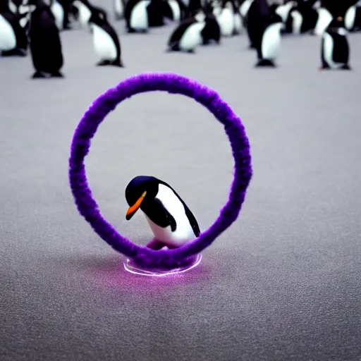 Prompt: Penguin creating magic purple magic satanic aura hula rings around the penguin while the penguin is on the streets, 40nm, shallow depth of field, split lighting, 4k,