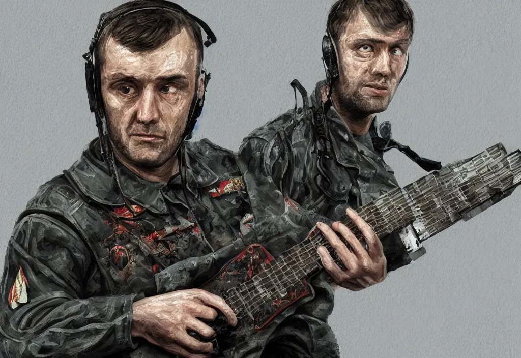 Prompt: major degtyarev from the game stalker plays an electric guitar, 8 k, sharp focus, extremly detailed, digital painting, smooth, illustration