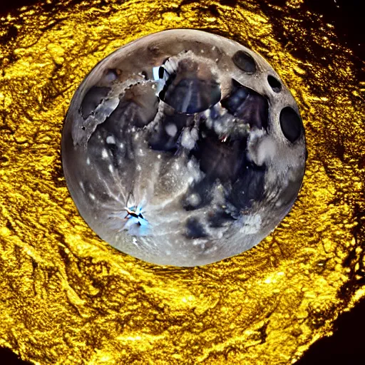 Prompt: The moon covered in lakes of liquid gold realistic photograph