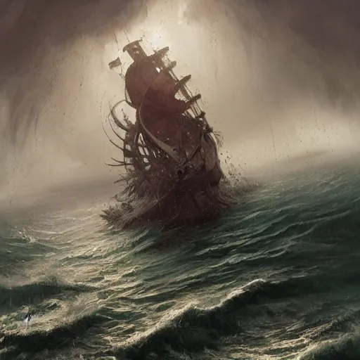 Image similar to a giant tentacle monster taking down a pirate ship , waves splashing , rain , by Greg rutkowski