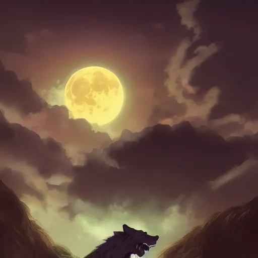 Image similar to a werewolf turning back into a human as the full moon dips behind clouds, ancient graveyard, ambient lighting, 4 k, frank frazetta, lois van baarle, ilya kuvshinov, rossdraws, erol otus, artstation