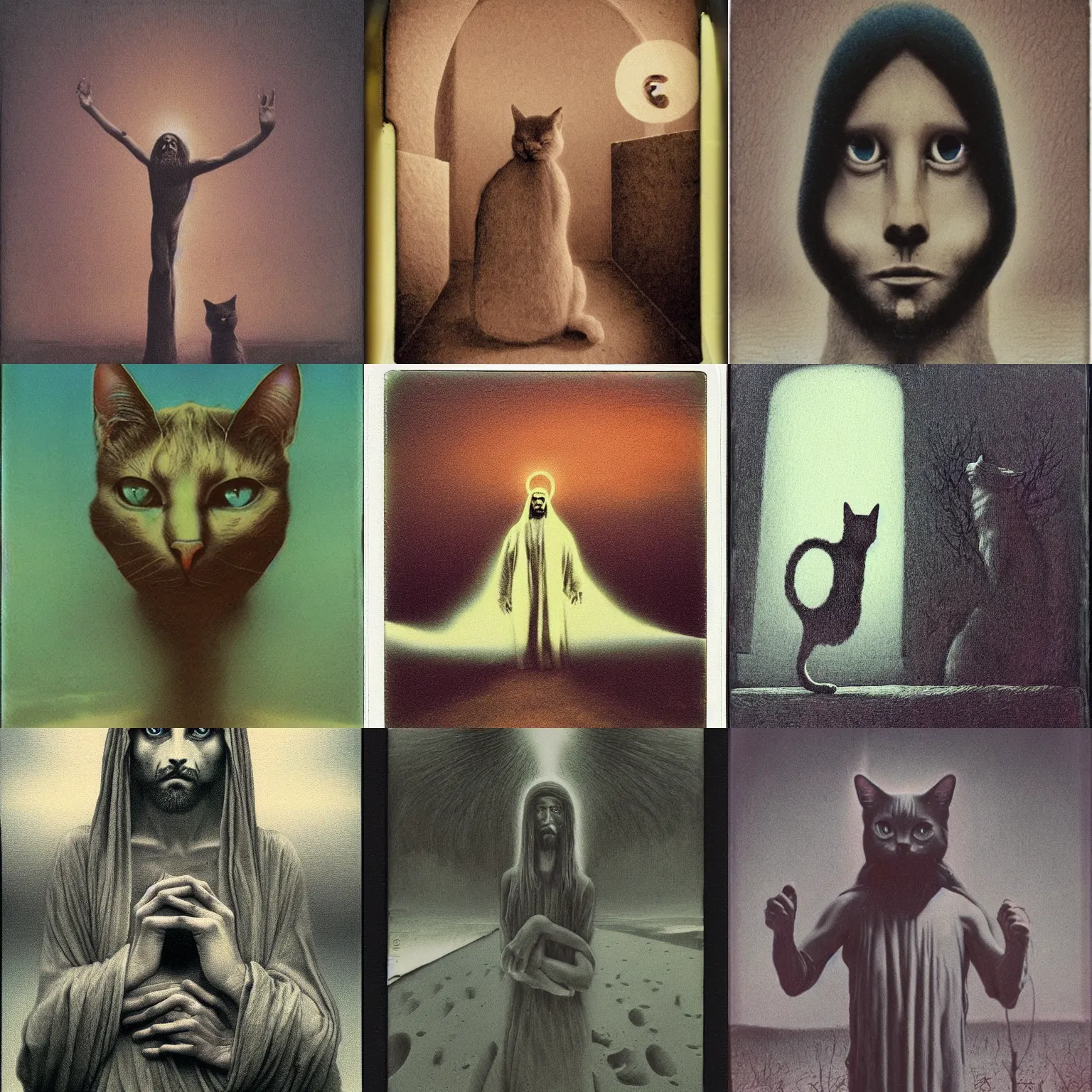 Prompt: cat like jesus, horror, zdzisław beksinski style, polaroid foto