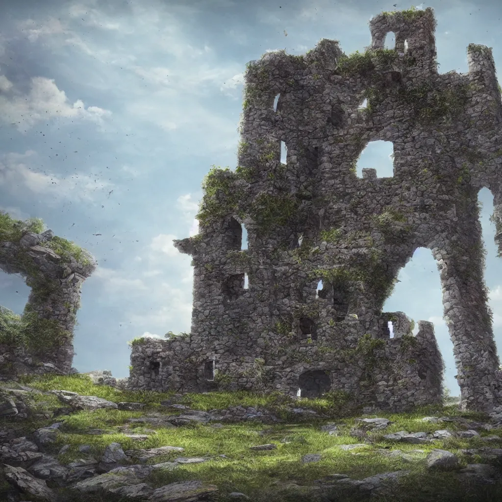 Image similar to looking up at a ruined castle on a small island only reachable by a small land bridge, 8 k, ultra realistic cinematic, intricate, cinematic light, concept art, illustration, art station